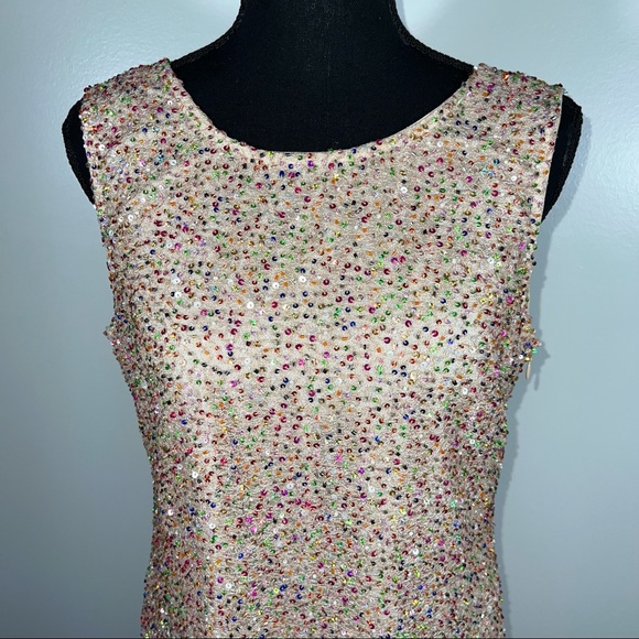 Romeo & Juliet Couture, Rainbow Sparkle Beaded, Cream, Scoop Neck Dress Size M - Picture 3 of 14